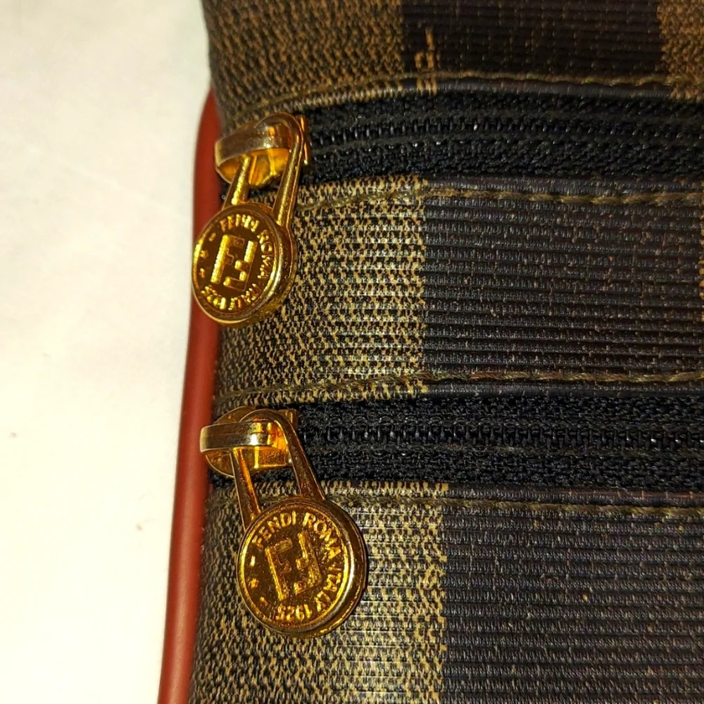 FENDI Vintage Pequin 3 Compartment zip pouch coated canvas leather lined.  Vgvc